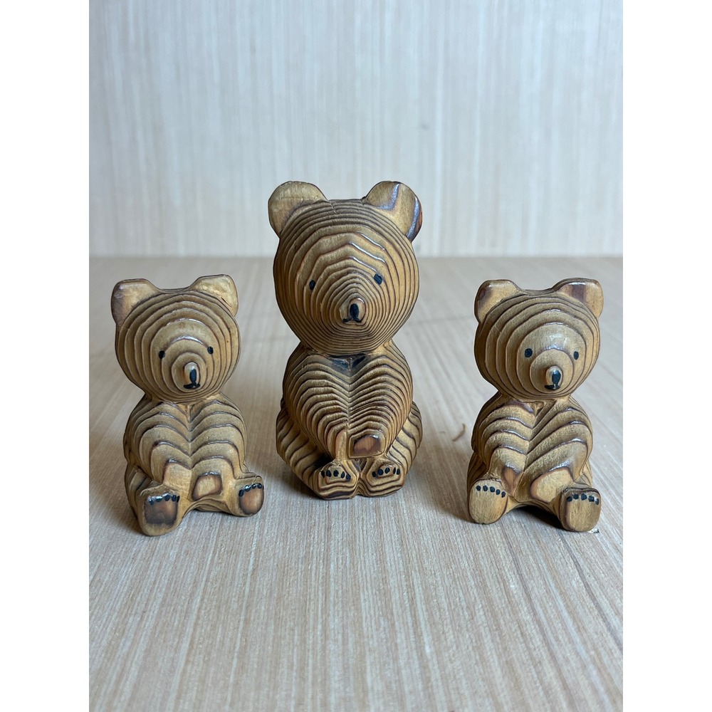 Vintage Hand Carved Wood‎ Bear Family Figurines Trio Rustic Cabin Cottagecore